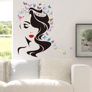 Stickers muraux créatifs avec silhouette de femme et papillons colorés décoratifs