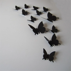 Set of 12 3D matte black butterfly wall decals with realistic wings for home decor