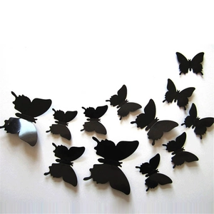 Set of 12 black 3D butterfly wall stickers with realistic wings for home wall decoration