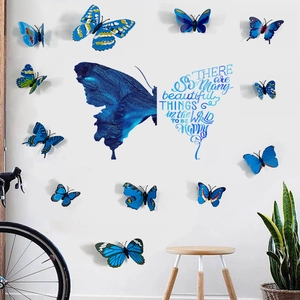 3D blauwe vlinder muurstickers met artistieke typografie voor de woonkamer decor