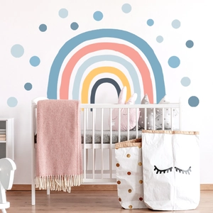 Morandi rainbow wall decal with colorful dots for Nordic style nursery and kids room