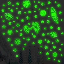 Luminous wall stickers with astronaut and rocket theme glowing in the dark