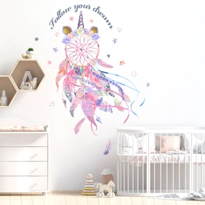 Detail view of unicorn dreamcatcher wall sticker with watercolor feathers and stars