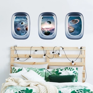Pack de 3 vinilos de pared ventana de avión con diseño de galaxia para decorar cuarto