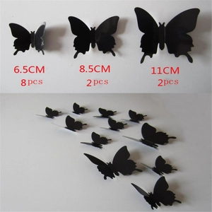Set of 12 black 3D butterfly wall stickers in various sizes for home decor