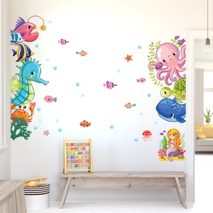 Stickers muraux océan avec sirène et animaux marins pour décor de chambre d'enfant