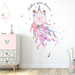 Unicorn Dreamcatcher Wall Stickers Follow Your Dream Quote Pink Purple Feather Stars DIY Nursery Kids Room Decor Wall Decal