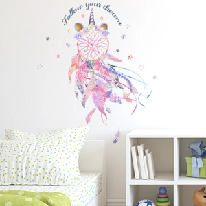 Unicorn dreamcatcher wall decal with colorful feathers and Follow Your Dream lettering