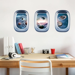Vinilos decorativos de ventana de avión de tres piezas con espacio y planetas en la pared
