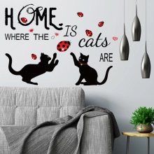Luminous wall stickers with Home Is Where The Cats Are text and black cat silhouettes