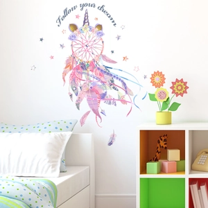 Dreamy unicorn dreamcatcher wall sticker with colorful feathers and stars for bedroom