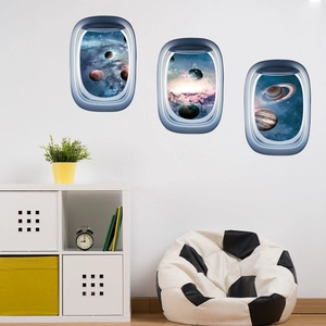 Set de 3 pegatinas de pared 3D ventana de avión con escenas de galaxias y espacio exterior
