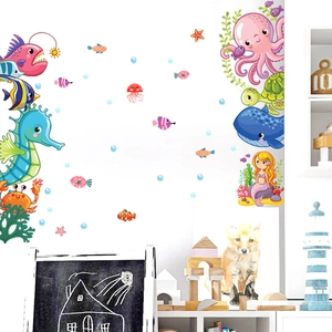 Stickers Muraux Monde Sous-Marin Dessin Animé Vie Marine PVC Sirène Baleine Poisson Stickers Décoratifs DIY Pour Chambre Enfant