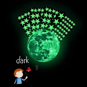 Luminous wall stickers featuring a realistic green moon and stars on a black background