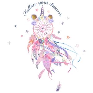 Unicorn dreamcatcher wall sticker with colorful feathers and Follow Your Dream quote