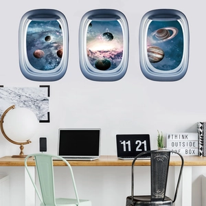Pegatinas de Pared Vista Ventana Avión Espacio Galaxia Planeta PVC Autoadhesivo Universo Cielo Estrellado Calcomanías Para Decoración Hogar Oficina