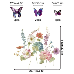 Detailed size chart for watercolor flower and butterfly PVC wall decals showing dimensions