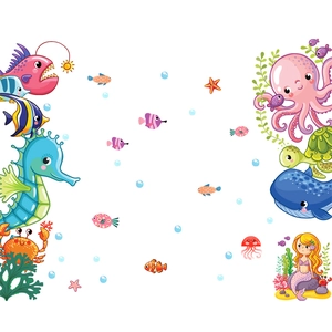 Stickers muraux monde marin dessin animé avec baleines, hippocampes et sirènes décor