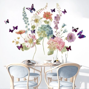 Detailed watercolor floral wall stickers with butterflies on a white living room wall