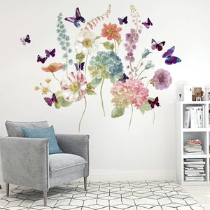 Watercolor Floral Butterfly Wall Stickers PVC Self-Adhesive Wall Decals For Living Room Bedroom Nursery DIY Wall Art