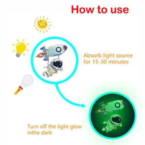 Glow in the dark astronaut and rocket wall stickers absorbing light for night luminescence