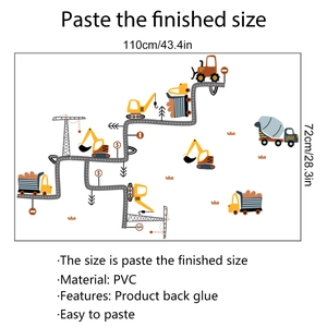 Detailed size specifications for cartoon construction truck PVC wall stickers for kids