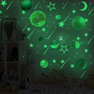 Luminous wall sticker set featuring glowing moon, stars, and planets for kids room decor