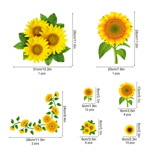 Detailed view of sunflower wall sticker set including dimensions and various flower sizes