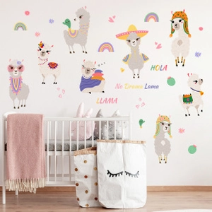Stickers muraux alpaga avec arc-en-ciel et cactus pour une chambre d'enfant douce