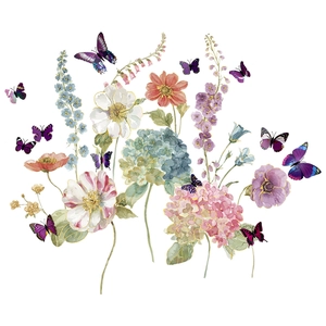 Watercolor flower and butterfly wall stickers with gold edges for home decoration
