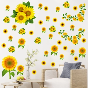 Vibrant sunflower wall decals set displayed over a cozy sofa in a bright living room