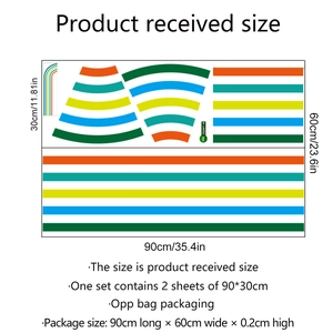 Detailansicht der 90x60cm Regenbogen Wandsticker mit Maßen und PVC Materialangabe