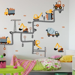 Construction site wall stickers with excavators and cranes for children's room decoration