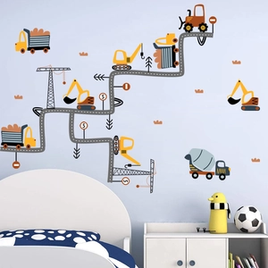 Cartoon construction vehicle wall stickers with excavators and trucks for kids room