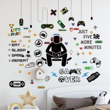 Detail of creative gamer wall stickers with game controller and letters for nursery room