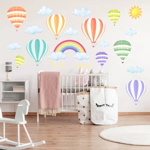 Colorful watercolor hot air balloons and rainbow wall stickers for nursery wall decoration
