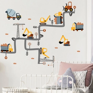 Detailed view of cartoon construction vehicle wall stickers in a modern kid room