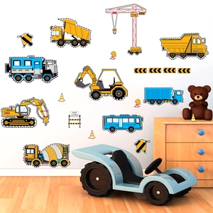 Stickers muraux véhicules de chantier pour chambre d'enfant avec pelleteuses et signes