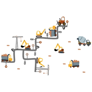 Cartoon construction vehicle wall stickers featuring excavators and cranes for kids rooms