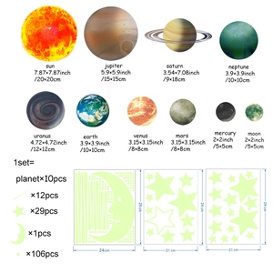 Detailed size guide of luminous solar system planets wall sticker set for room decor