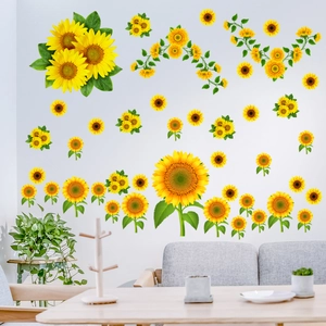 Close-up of bright yellow sunflower wall decals on a white living room wall decor