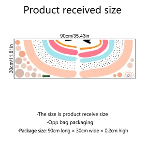 Detailansicht des 90x30cm PVC-Regenbogen-Wandtattoos mit Abmessungen und Verpackungsdetails