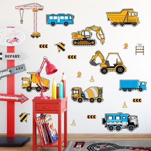 Stickers muraux véhicules de chantier animés avec pelleteuses et grues pour chambre d'enfant