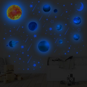 Luminous solar system wall stickers glowing in dark bedroom with planets and stars