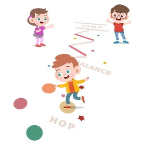 Detailed view of colorful floor decals for kids featuring jump and balance game elements