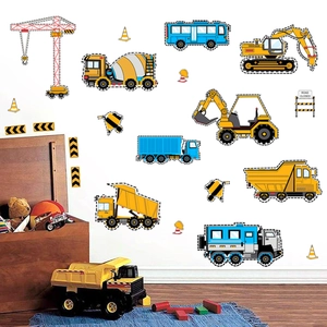 Stickers muraux véhicules de chantier avec excavatrices et grues pour chambre enfant