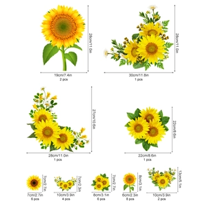Detailed size chart for sunflower wall stickers showing dimensions in cm and inches