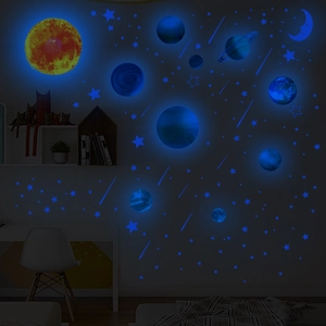 Luminous glow-in-the-dark wall stickers featuring planets, stars and crescent moon for bedroom