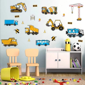 Stickers Muraux Véhicules de Chantier Dessin Animé PVC Imperméable Excavatrice Camion Autocollants Pour Chambre d'Enfant