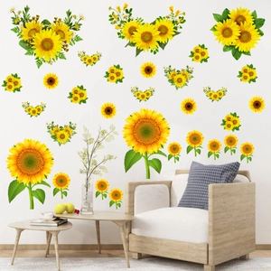 Detail of sunflower wall stickers set applied on white living room wall near a beige sofa